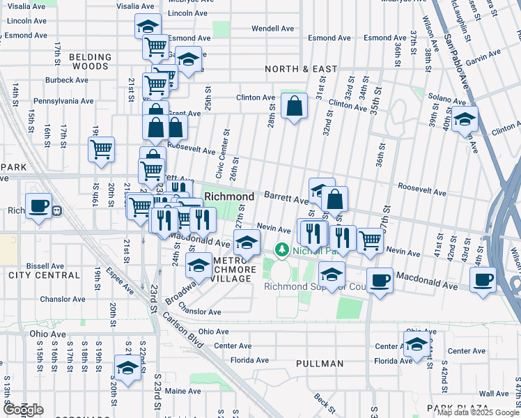 map of restaurants, bars, coffee shops, grocery stores, and more near 444 28th Street in Richmond