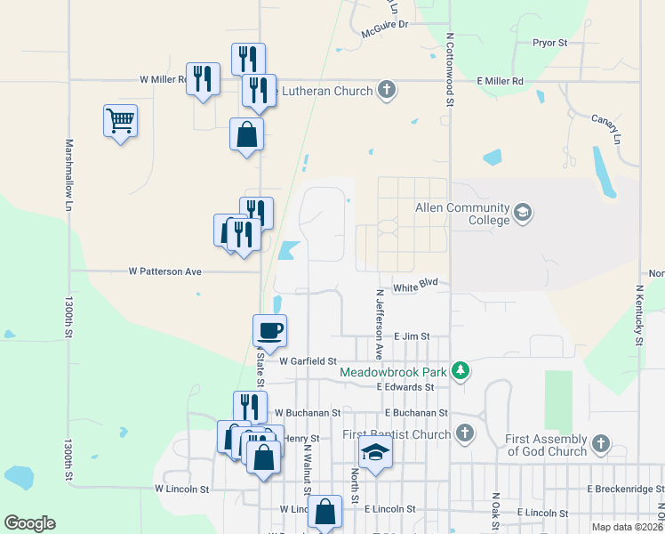 map of restaurants, bars, coffee shops, grocery stores, and more near 1409 North Walnut Street in Iola