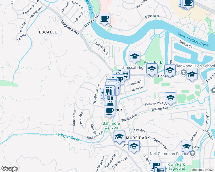 map of restaurants, bars, coffee shops, grocery stores, and more near in Larkspur