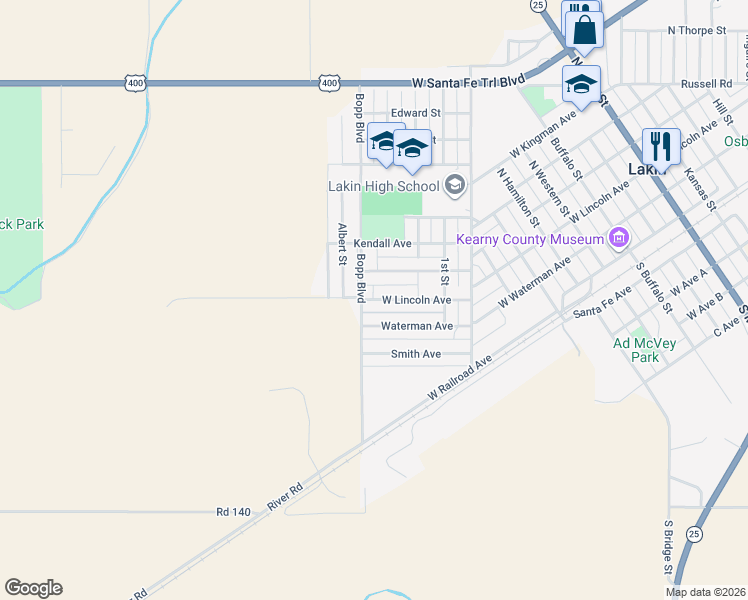 map of restaurants, bars, coffee shops, grocery stores, and more near 1200 West Lincoln Avenue in Lakin