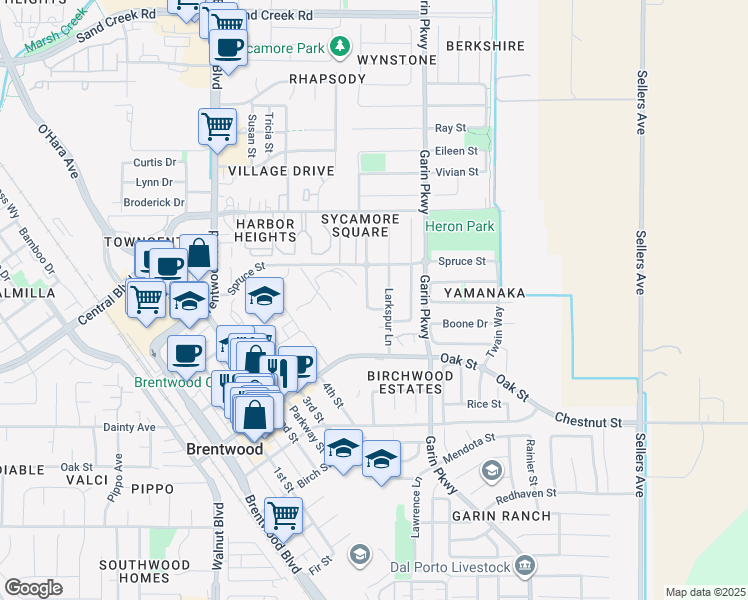 map of restaurants, bars, coffee shops, grocery stores, and more near 801 Prarie Rose Way in Brentwood