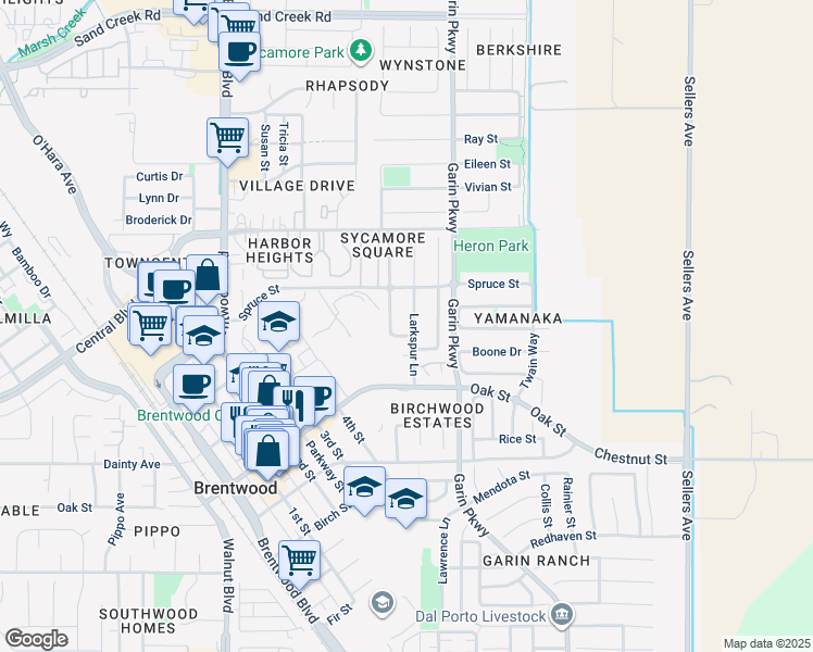 map of restaurants, bars, coffee shops, grocery stores, and more near 861 Larkspur Lane in Brentwood
