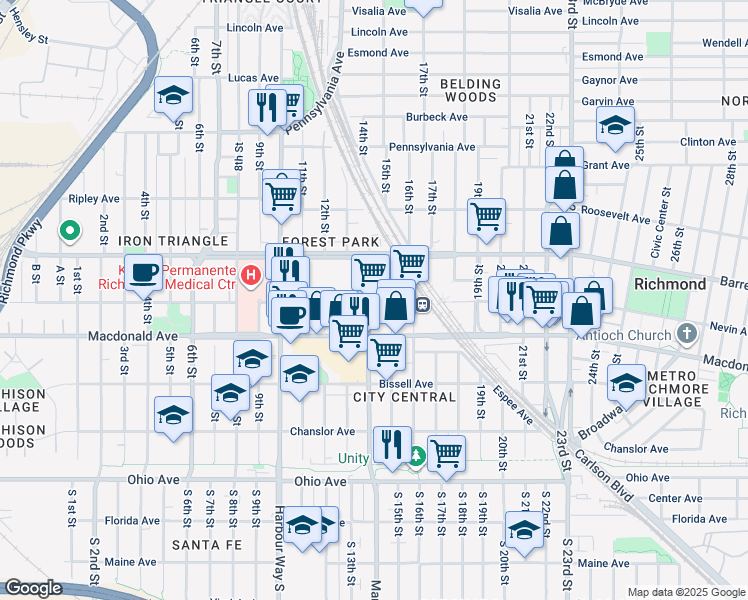 map of restaurants, bars, coffee shops, grocery stores, and more near 1300 Nevin Plaza in Richmond