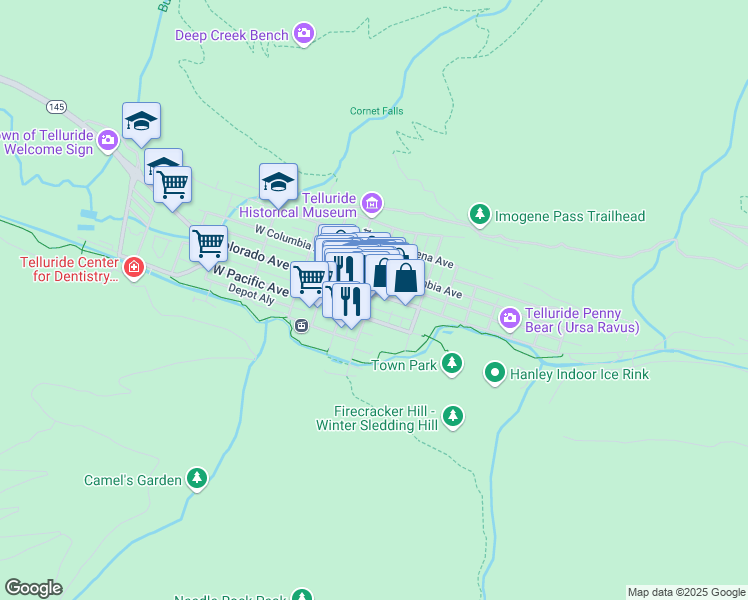map of restaurants, bars, coffee shops, grocery stores, and more near in Telluride
