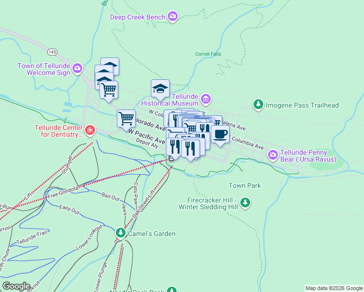 map of restaurants, bars, coffee shops, grocery stores, and more near 201 South Fir Street in Telluride