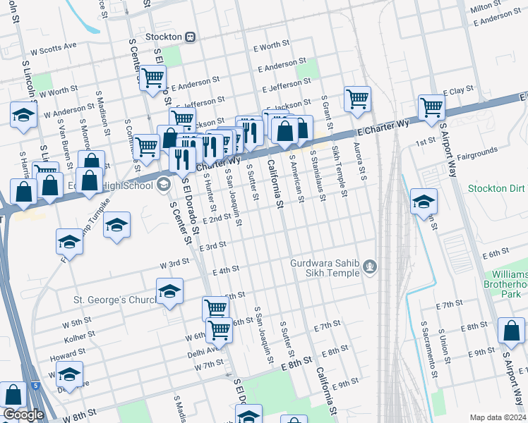 map of restaurants, bars, coffee shops, grocery stores, and more near 1602 South Sutter Street in Stockton