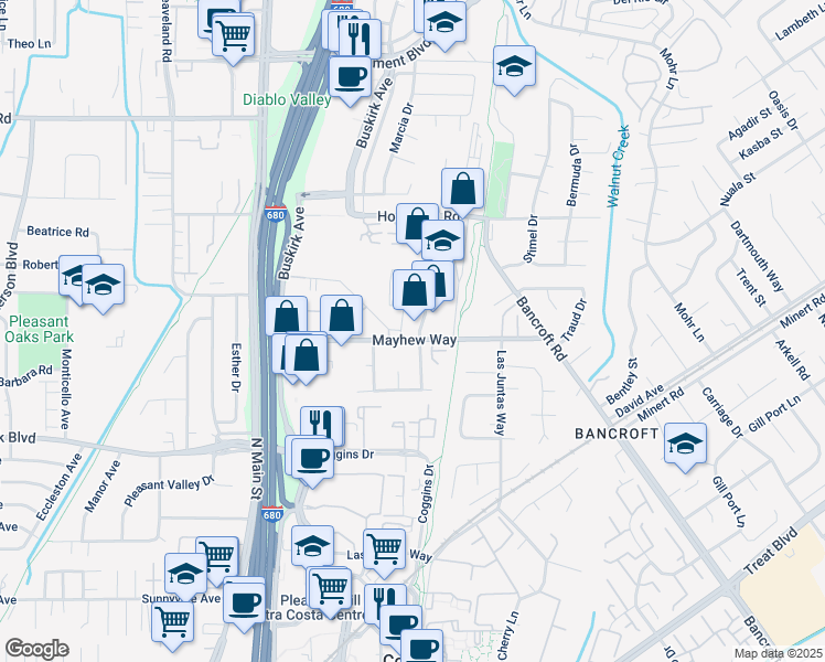 map of restaurants, bars, coffee shops, grocery stores, and more near 190 Mayhew Way in Walnut Creek