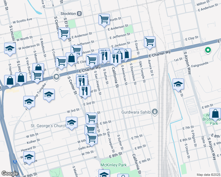 map of restaurants, bars, coffee shops, grocery stores, and more near 1602 South Sutter Street in Stockton