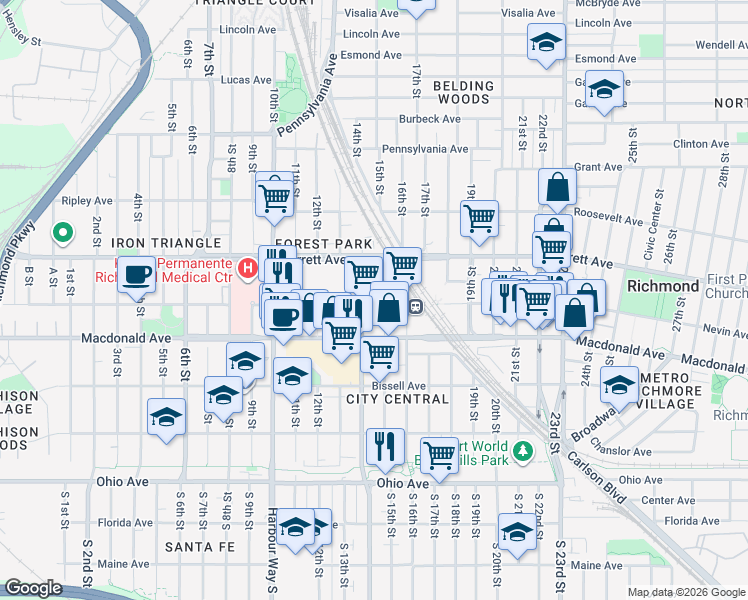 map of restaurants, bars, coffee shops, grocery stores, and more near 1411 Nevin Plaza in Richmond