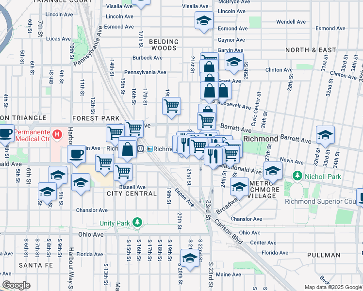 map of restaurants, bars, coffee shops, grocery stores, and more near 2033 Nevin Avenue in Richmond