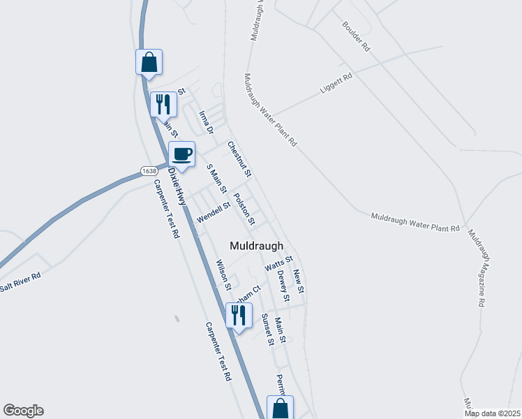 map of restaurants, bars, coffee shops, grocery stores, and more near 220 Oak Street in Muldraugh