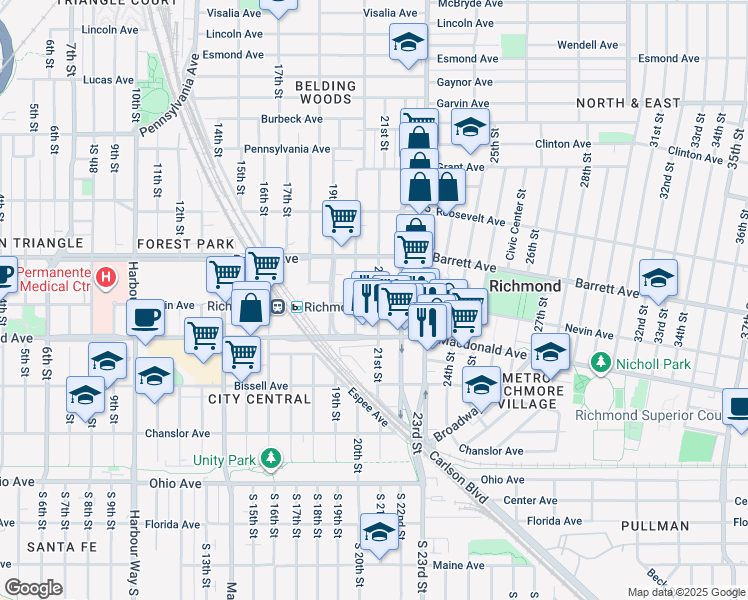 map of restaurants, bars, coffee shops, grocery stores, and more near 2033 Nevin Avenue in Richmond