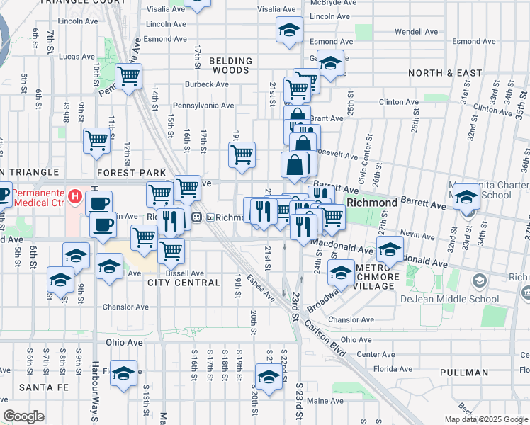 map of restaurants, bars, coffee shops, grocery stores, and more near 2031 Nevin Avenue in Richmond