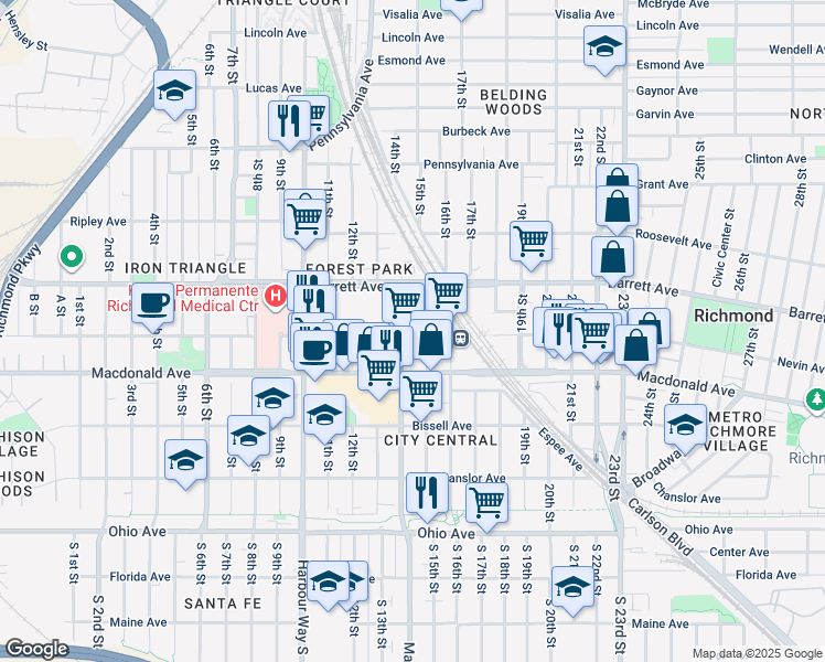 map of restaurants, bars, coffee shops, grocery stores, and more near 1407 Nevin Plaza in Richmond