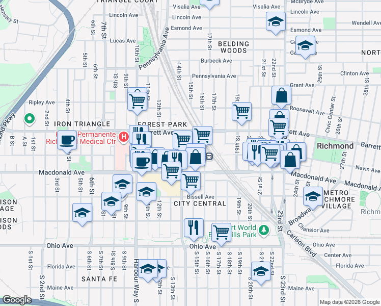 map of restaurants, bars, coffee shops, grocery stores, and more near 1506 Nevin Plaza in Richmond