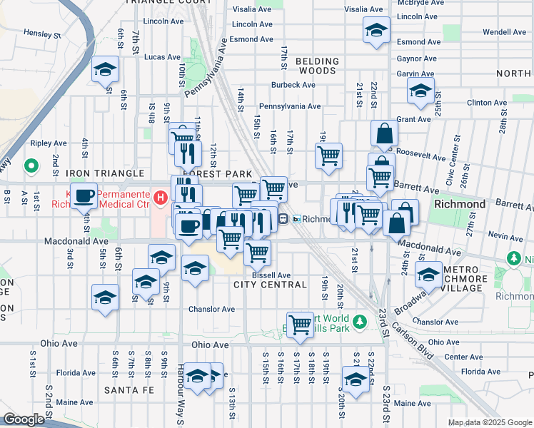 map of restaurants, bars, coffee shops, grocery stores, and more near 1506 Nevin Plaza in Richmond