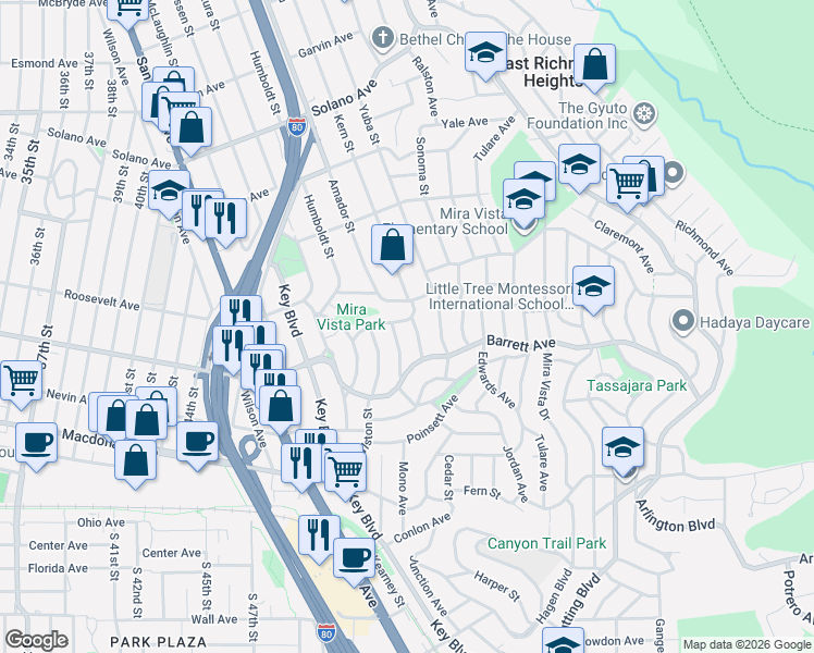 map of restaurants, bars, coffee shops, grocery stores, and more near 2611 Brooks Avenue in El Cerrito