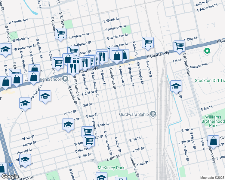 map of restaurants, bars, coffee shops, grocery stores, and more near 1632 South Sutter Street in Stockton