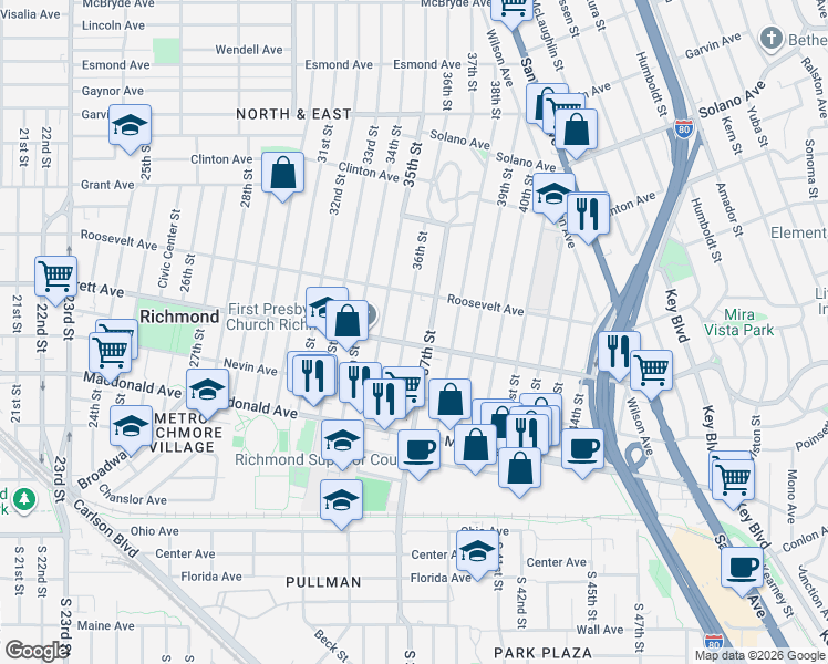 map of restaurants, bars, coffee shops, grocery stores, and more near 3620 Barrett Avenue in Richmond