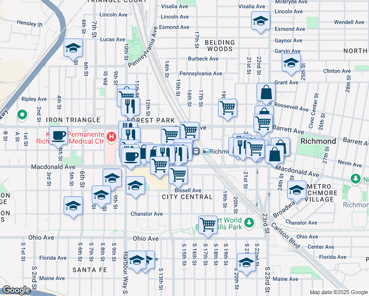 map of restaurants, bars, coffee shops, grocery stores, and more near 1506 Nevin Plaza in Richmond