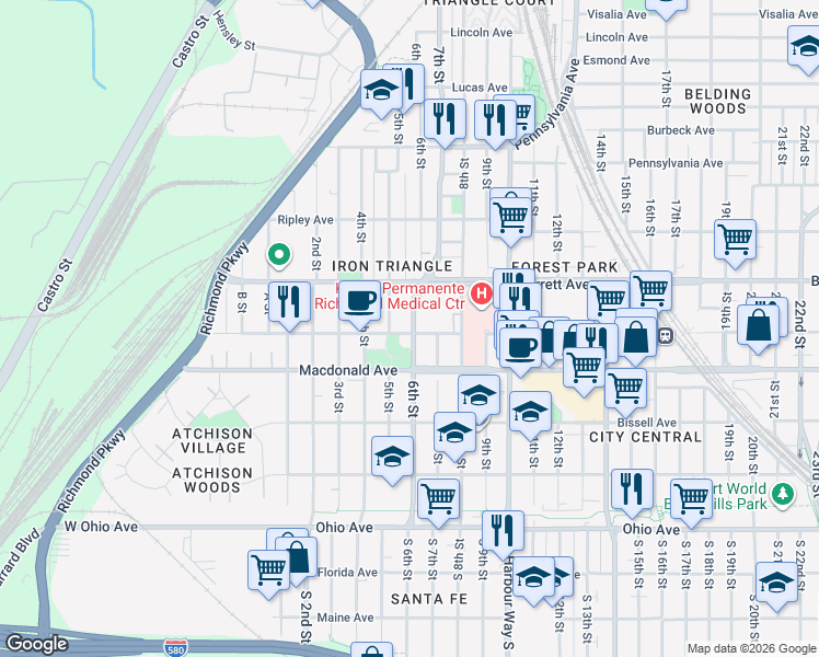 map of restaurants, bars, coffee shops, grocery stores, and more near 598 Nevin Avenue in Richmond