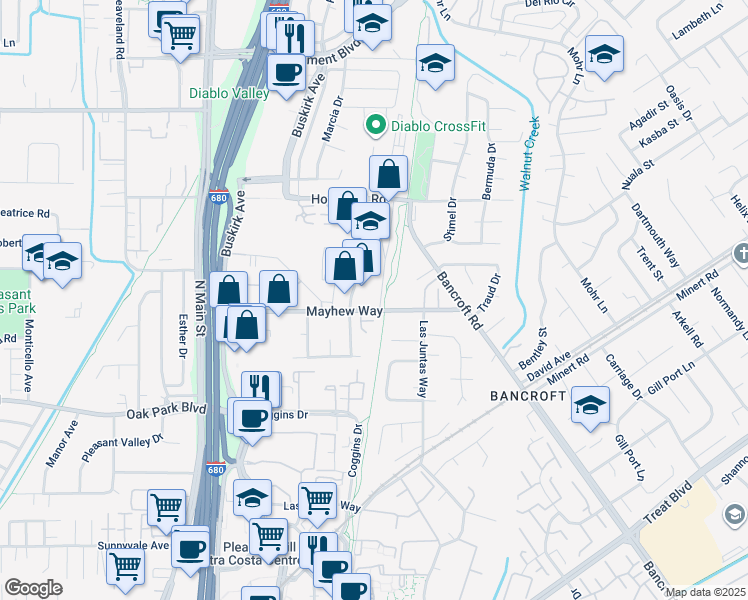 map of restaurants, bars, coffee shops, grocery stores, and more near 3021 Mayhew Court in Walnut Creek