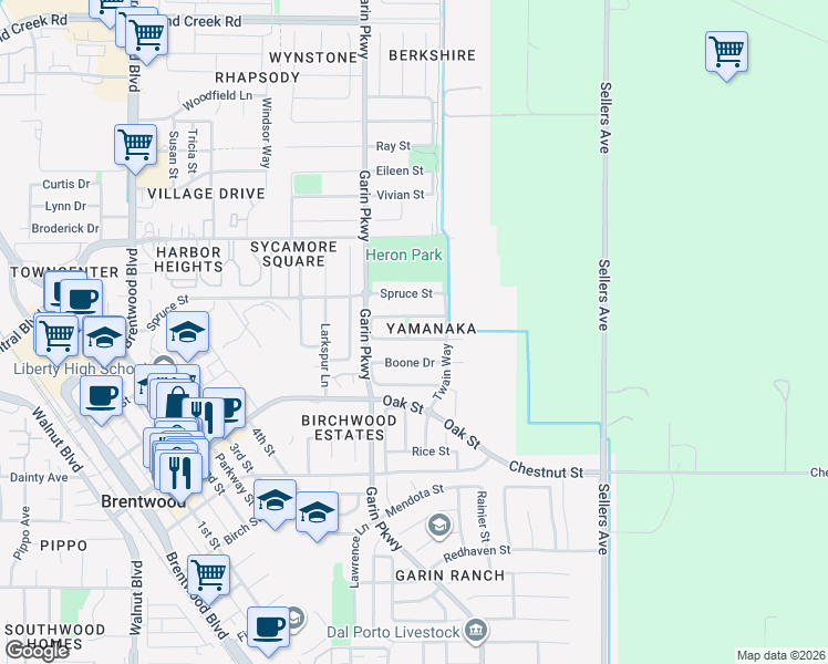 map of restaurants, bars, coffee shops, grocery stores, and more near 917 Sawyer Way in Brentwood