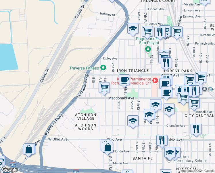map of restaurants, bars, coffee shops, grocery stores, and more near 105 Nevin Avenue in Richmond