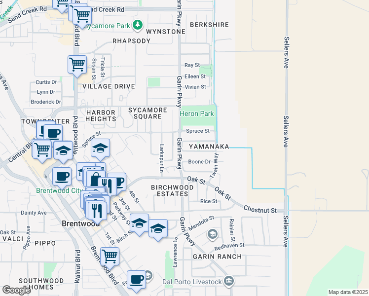 map of restaurants, bars, coffee shops, grocery stores, and more near 902 Snapdragon Way in Brentwood