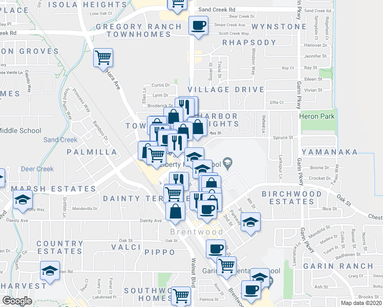map of restaurants, bars, coffee shops, grocery stores, and more near Brentwood Boulevard & Spruce Street in Brentwood