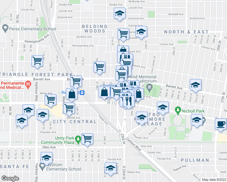 map of restaurants, bars, coffee shops, grocery stores, and more near 2119 Nevin Avenue in Richmond