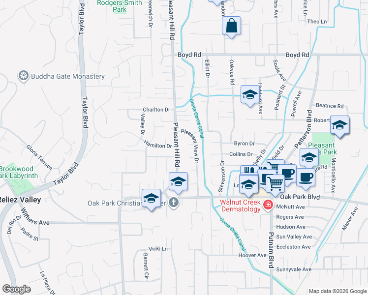 map of restaurants, bars, coffee shops, grocery stores, and more near 120 Coats Circle in Pleasant Hill