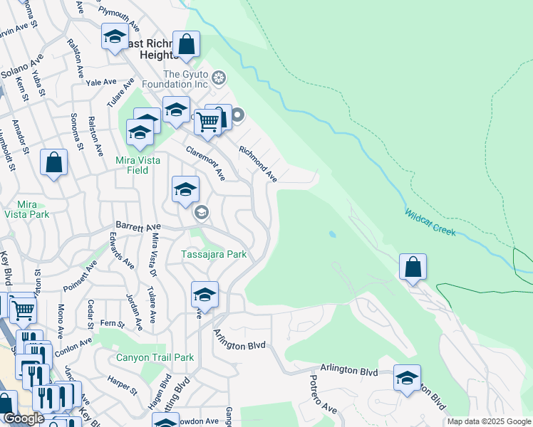 map of restaurants, bars, coffee shops, grocery stores, and more near 2709 Del Monte Avenue in El Cerrito