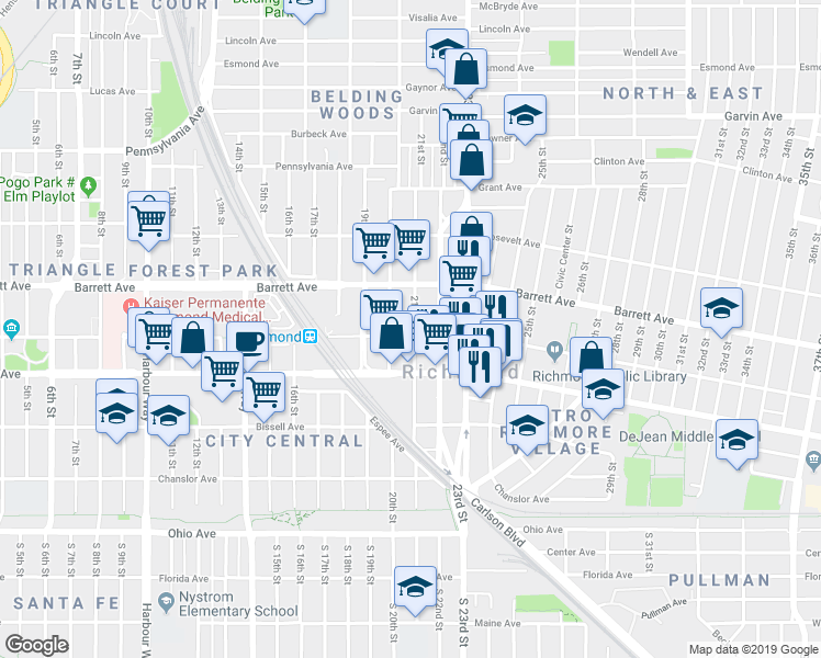 map of restaurants, bars, coffee shops, grocery stores, and more near in Richmond