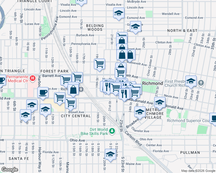 map of restaurants, bars, coffee shops, grocery stores, and more near 341 20th Street in Richmond