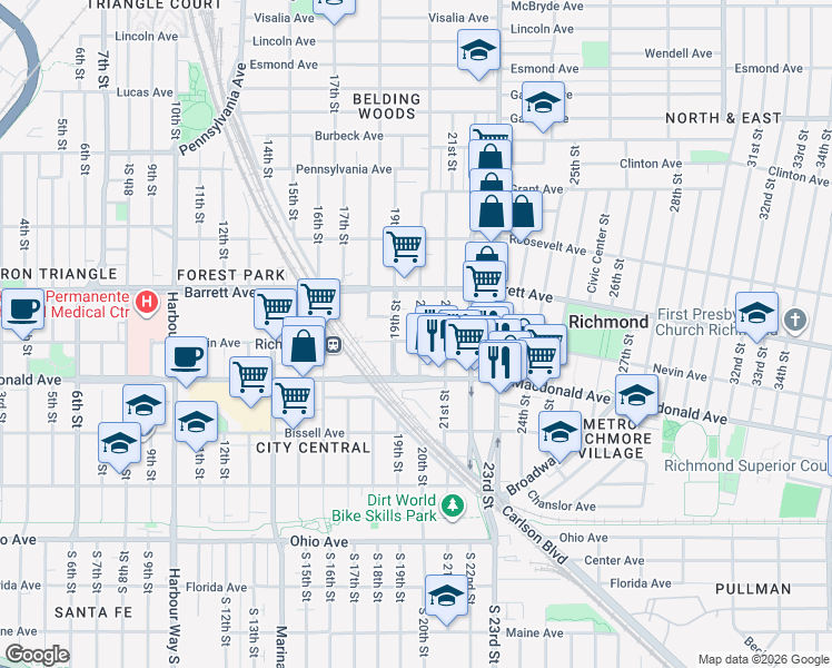 map of restaurants, bars, coffee shops, grocery stores, and more near 341 20th Street in Richmond