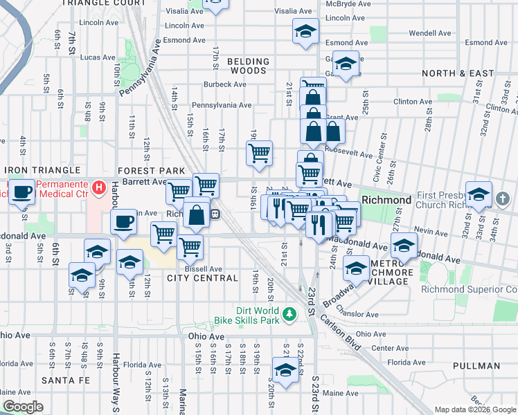 map of restaurants, bars, coffee shops, grocery stores, and more near 341 20th Street in Richmond