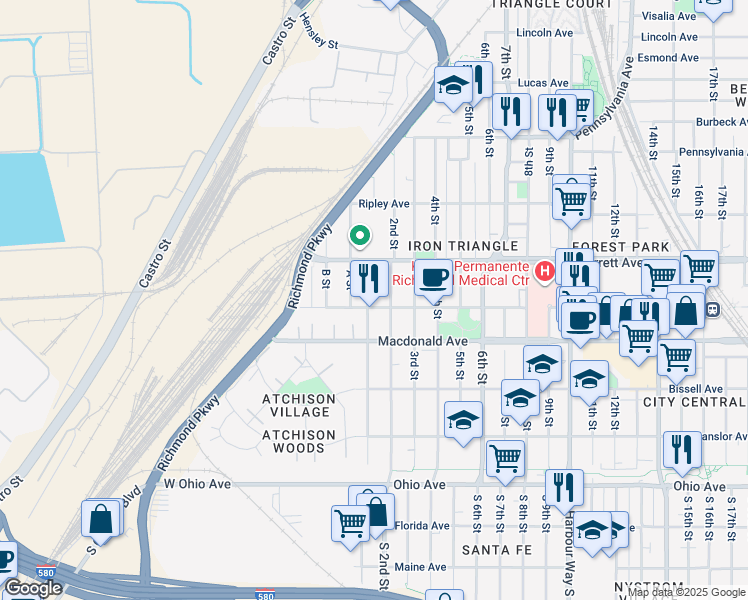 map of restaurants, bars, coffee shops, grocery stores, and more near 105 Nevin Avenue in Richmond