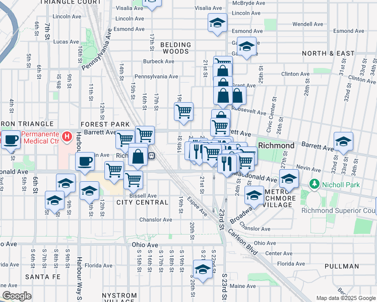map of restaurants, bars, coffee shops, grocery stores, and more near 1935 Nevin Avenue in Richmond