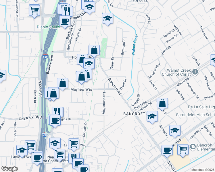 map of restaurants, bars, coffee shops, grocery stores, and more near 406 Mayhew Way in Walnut Creek