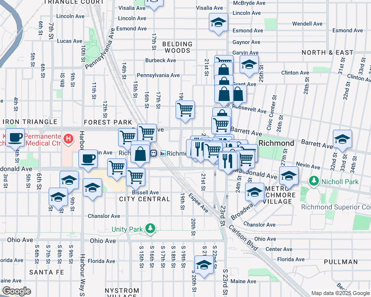 map of restaurants, bars, coffee shops, grocery stores, and more near 1917 Nevin Avenue in Richmond