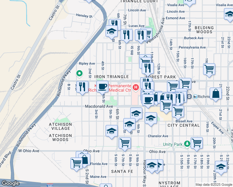 map of restaurants, bars, coffee shops, grocery stores, and more near 598 Nevin Avenue in Richmond
