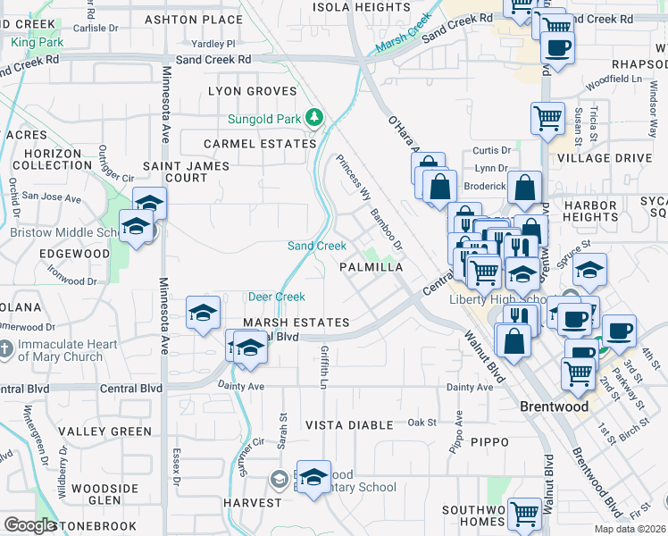 map of restaurants, bars, coffee shops, grocery stores, and more near 716 Cabada Drive in Brentwood