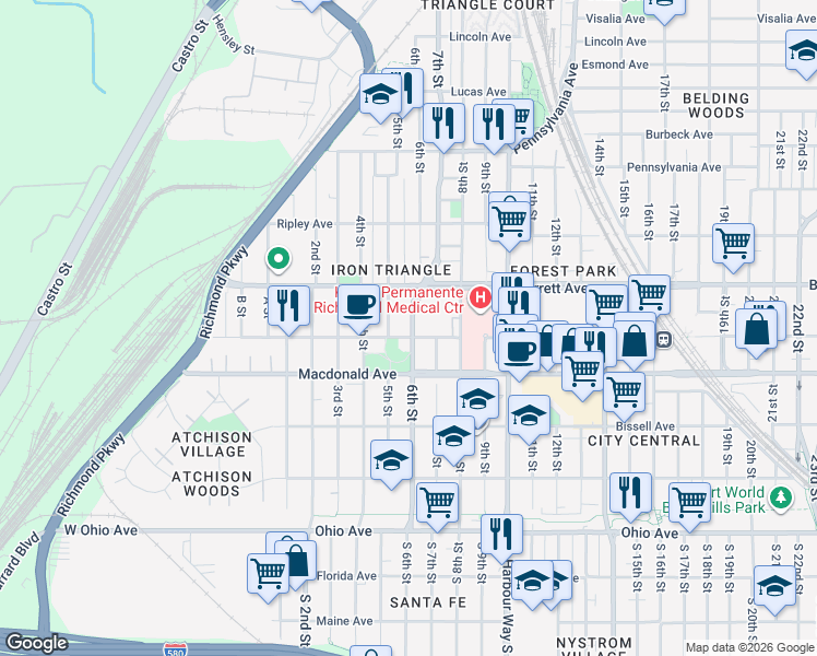 map of restaurants, bars, coffee shops, grocery stores, and more near 598 Nevin Avenue in Richmond