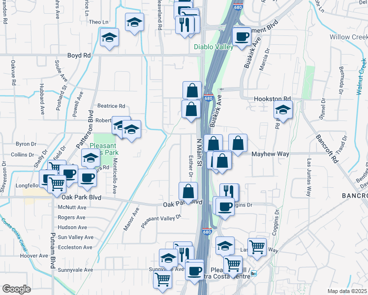 map of restaurants, bars, coffee shops, grocery stores, and more near 1007 Pleasant Valley Drive in Pleasant Hill