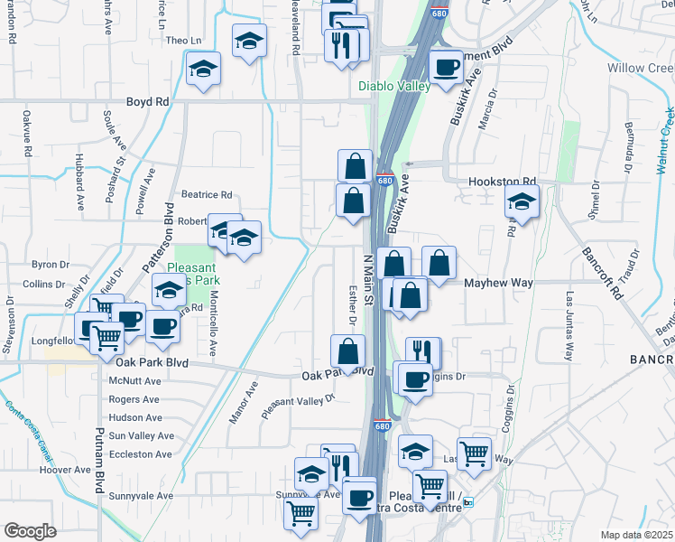 map of restaurants, bars, coffee shops, grocery stores, and more near 1007 Pleasant Valley Drive in Pleasant Hill