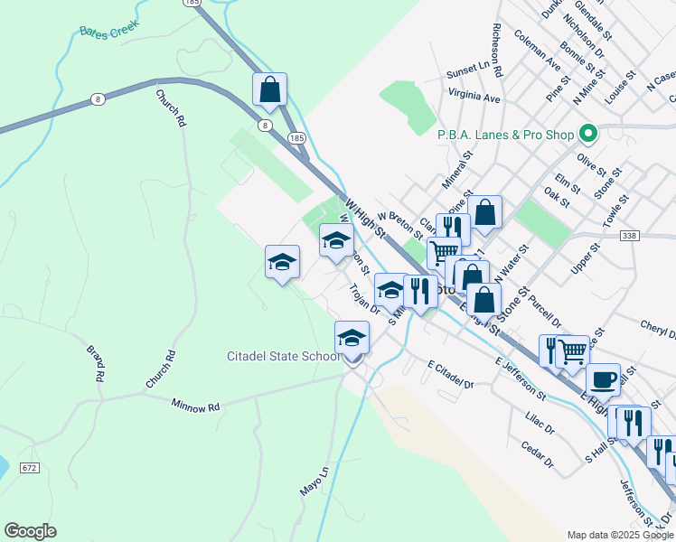 map of restaurants, bars, coffee shops, grocery stores, and more near 303 South Lead Street in Potosi
