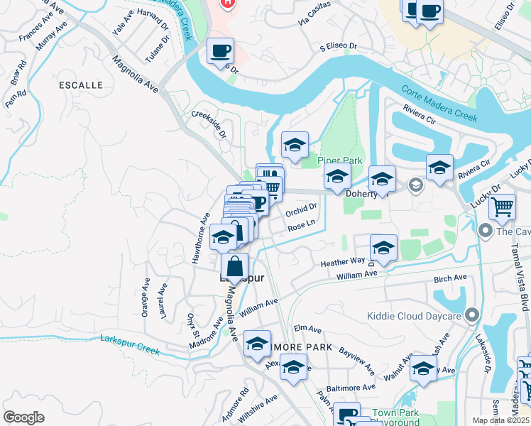 map of restaurants, bars, coffee shops, grocery stores, and more near 265 Camellia Circle in Larkspur