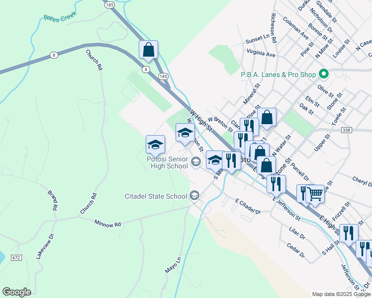 map of restaurants, bars, coffee shops, grocery stores, and more near 303 South Lead Street in Potosi