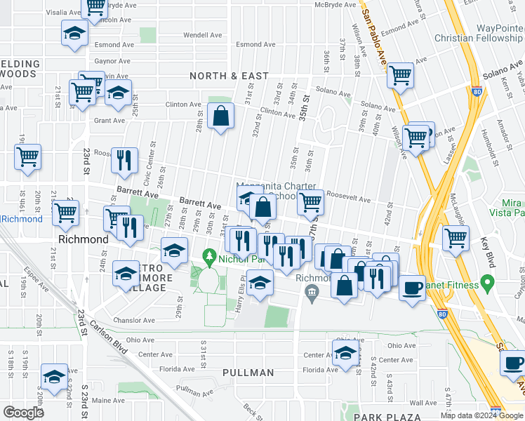 map of restaurants, bars, coffee shops, grocery stores, and more near 3323 Barrett Avenue in Richmond